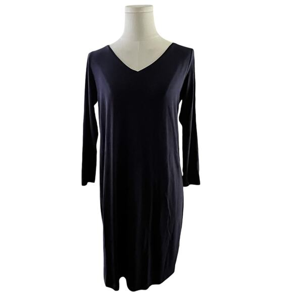 Eileen Fisher Dress XS Petite Navy Blue Tencel Knit V-Neck 3/4 Sleeve Minimalist - Picture 1 of 11